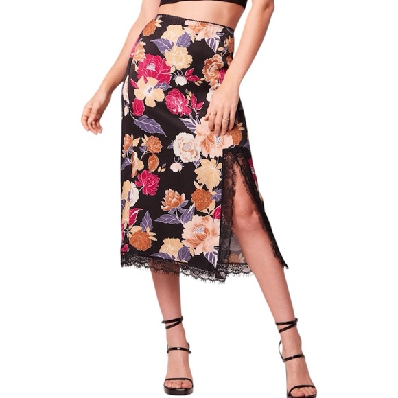 New Band of the Free Floral Print Lace Slit Slip Midi Skirt Black Multi Size XS - Picture 1 of 16